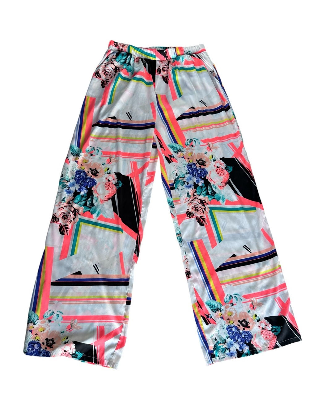 Bebe Floral Geometric Wide Leg Pull On Pants XL Neon Tropical Resort Beach